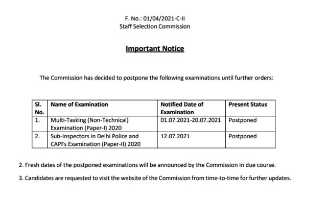 SSC, Exam Postponed, Multi Tasking, CAPF Sub Inspector Bharti, corona effect, ssc exam dates